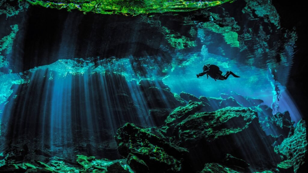 scuba diver underwater under the sea scuba diving sun rays 1920x1080 8281