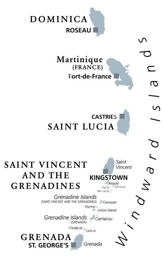 windward islands gray political map islands of lesser antilles south of leeward islands in the caribbean sea from dominica to trinidad and tobago 2J62NMG